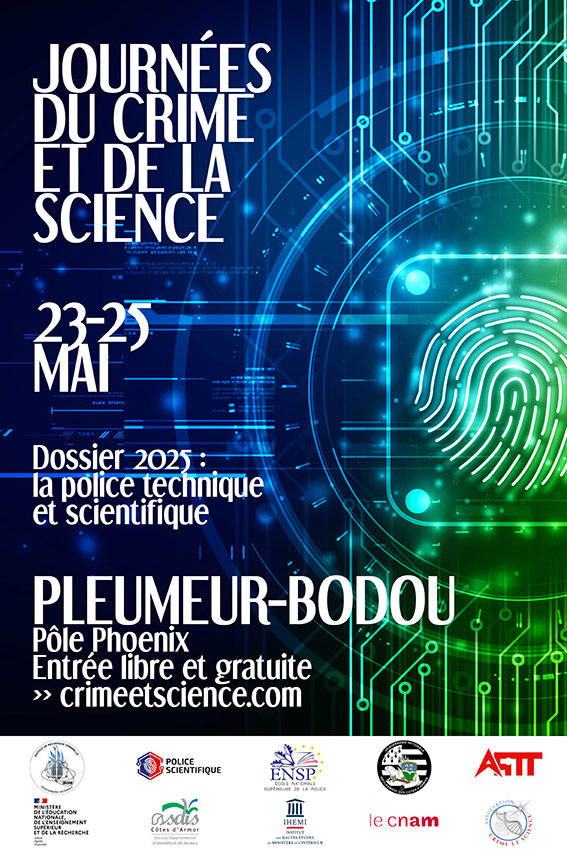 Affiche des journées crime et science à Pleumeur-Bodou, les 23, 24 et 25 mai 2025